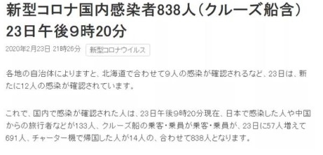 23일 오후 9시 20분 현재 일본 내 코로나19 확진자 보도. 사진=일본 방송협회