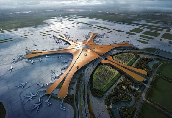 2019년 9월에 베이징시 남부에 새로 문을 연 신공항인 베이징다싱국제공항 전경 조감도 