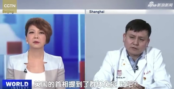 중국CCTV 가 위성으로 전세계로 방송하는 영어판 차이나글로벌 넷트웍 TV채널 CGTN이 장원홍교수(오른쪽) 과 인터뷰하고 있다. CGT 화면 캡쳐