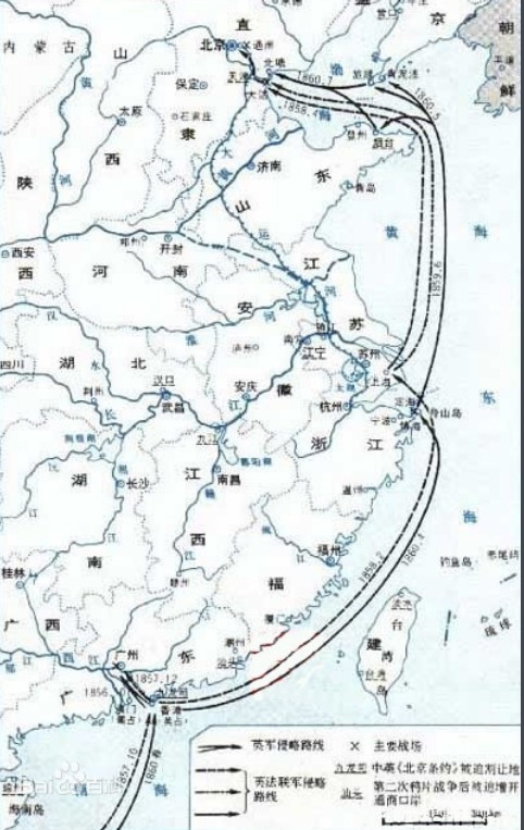 1800년대 중반 영국과 프랑스 연합함대의 중국침략 항해도. 중국웨이보 캡쳐. 맨 아래 집결지가 홍콩(광저우 점령 제 1차 아편전쟁발발), 이후 북상 저쟝성 닝뽀 와 상하이를 거쳐 난징 위협( 난징조약 홍콩할양확정) , 이후 북상 텐진항을 거쳐 베이징 침략, 원명원 이화원 약탈 (베이징 조약, 영국은 홍콩섬 이외 구룡반도일부를 식민지화 한다). 바이두캡쳐