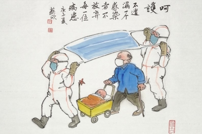지난 10일 중국공산당이론의 최상위 기관지 치우쓰(求是)가 게재한 신형폐렴(코로나19) 구호만평. " 단 한명의 감염자도 빼놓지 않는다. 단 한명의 환자도 포기하지 않는다" 는 제목이다. 마스크를 들것으로 형상화한 대목이 흥미롭다. 치우쓰왕 캡쳐.