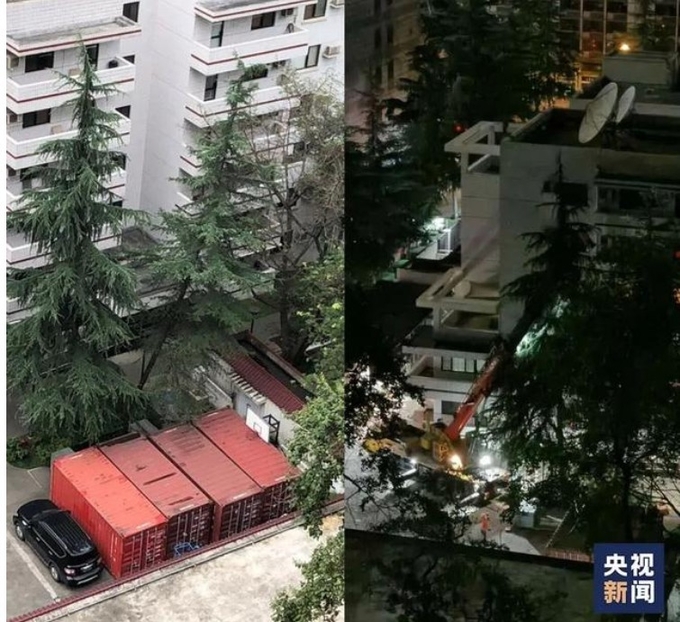 정두 미국영사관 경내에 미국영사관 직원들의 숙소로 보이는 건물에서 각종 짐들이 내려져 컨테이너에 담겨있다. CCTV화면촬영한 바이두웨이보 캡쳐.