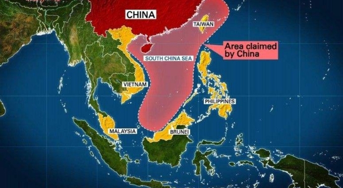 남중국해를 둘러싼 국가들간의 보이지 않는 신경전이 끊이지 않고 있는 형세를 표시한 지도. 바이두웨이보캡쳐.