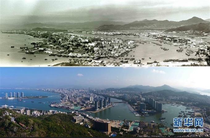 하이난성 남부 싼야시전경 1991년(위) 와 2018년(아래) 상전벽해라는 말로 부족할 정도로 성장변모했다. 신화사왕캡쳐.