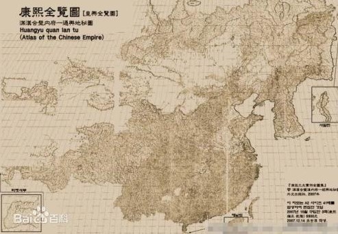 1717년 (강희 56년) 에 강희황여전람도 《康熙皇舆全览图》에 주무랑마 봉의 위치가 처음으로 지도상에 표시되었다. 바이두 바이커 캡쳐.