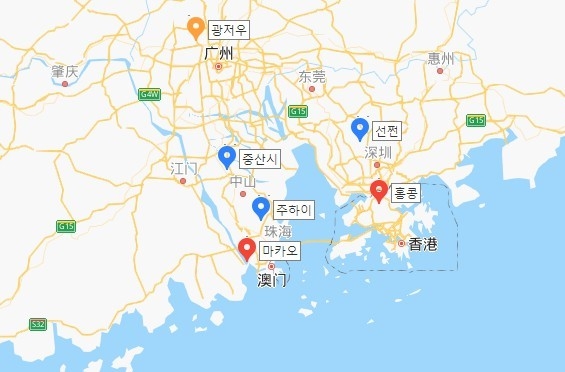 마카오와 홍콩의 위치 바이두지도.