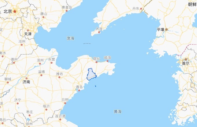 위 지도의 가운데 파란색 점선으로 표시된 산동성 옌타이시 하이양시 항구에 중국의 5번째 위성발사기지가 들어섰다.한국 인천항에서 직선거리로 약 450킬로미터이다. 바이두지도캡쳐.