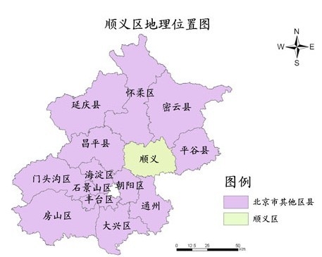 5명의 코로나 확진자가 확인돼 26일 전시상태가 선포된 것으로 보도된 베이징시 순이구의 위치 ( 시 중심에서 북동쪽에 위치한 연초록색 지역) 바이두 웨이보 캡쳐.