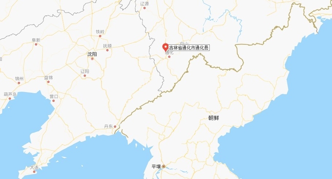 중국 지린성 통화시 ( 빨간색 표지의 위치) 에 코로나19 집단감염확진으로 식량난을 겪고 있다. 바이두 지도 표시 캡쳐. 