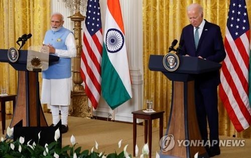 6월 22일 나렌드라 모디 인도 총리와 조 바이든 미국 대통령이 백악관에서 회담 후 기자회견을 하고 있다. 사진=연합뉴스,/한중21 제휴사