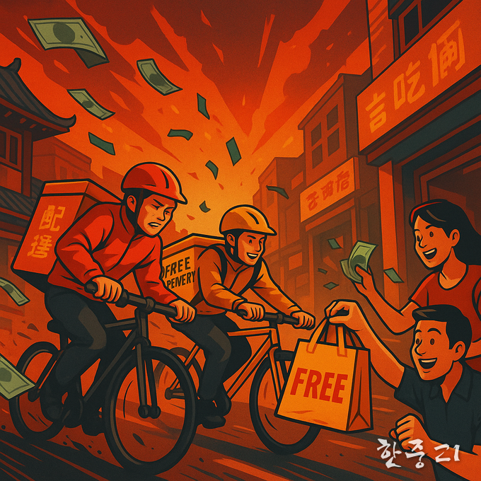 중국 배달 플랫폼들이 무료 배달은 물론, 다양한 사은품 행사까지 벌이며 출혈경쟁을 벌이고 있다. 이미지 = AI 제작