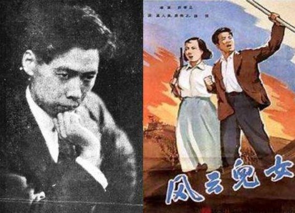 풍운남녀의 각본과 함께 주제곡인 의용군행진곡의 가사를 쓴 티엔 ( 田汉 왼쪽 당시 37세 ), 오른쪽은 1935년 상하이에서 개봉했던 풍운남녀 영화 포스터이다. dugoogle.com 度哥世界之最 웨이보캡쳐