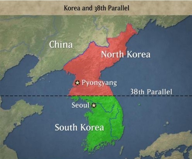 한국전쟁발발 이전의 한반도 분단상황지도. 바이두웨이보 캡쳐.