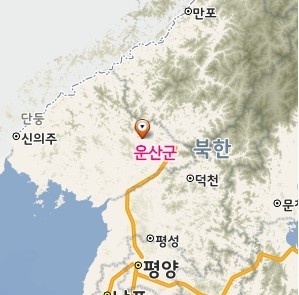 항미원조전쟁의 첫 전투, 즉 중국 인민지원군과 한국군간의 첫 전투가 벌어졌던 평안북도 운산군 (온정)의 위치. 통일부 북한정보포털 캡쳐.