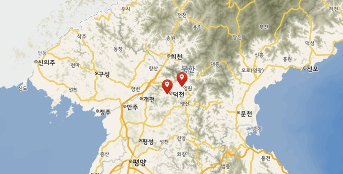 안주를 흐르는 청천강의 상류의 덕천 점령이, 인민지원군 2차 전역의 첫 목표였다. 통일부 북한지도 캡쳐.